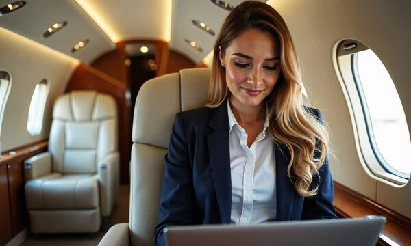 Businesswoman Working on Laptop Inside a Private Jet