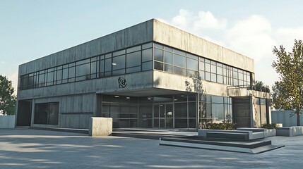 Obraz premium A modern concrete building with large windows and a minimalist design.