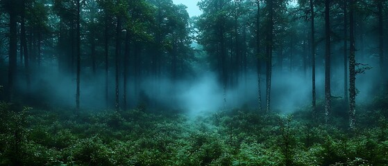 Fototapeta premium Mysterious Forest Path: Tall Trees Disappear into Thick Fog in a Lush, Verdant, and Ethereal Woodland Scene