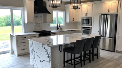 Modern kitchen featuring sleek design, marble countertops, and open space.