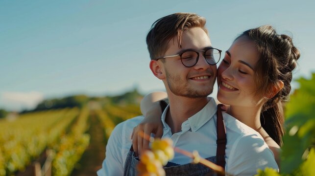 Joyful couple enjoying their time together in a sunny vineyard, sharing love and laughter during a summer vacation