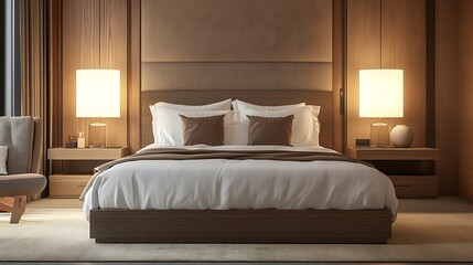 A modern bedroom featuring a large bed, warm lighting, and wooden accents for relaxation.