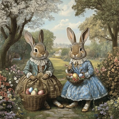 Obraz premium Easter bunnies postcard, illustration, graphics