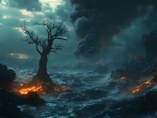 Fototapeta premium Lava-drenched, barren landscape. Dark, stormy sky