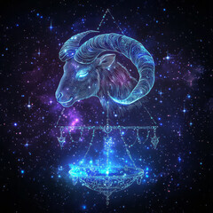 An astrological sign glows against a starry blue background, blending cosmic energy with zodiac symbolism, Generative AI