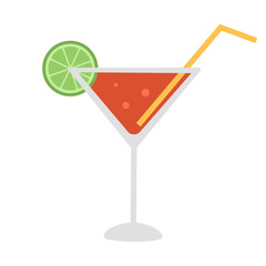 Cosmopolitan cocktail with lime slice and straw. Summer refreshing alcoholic drink with vodka, liquor and juice. Design for bar, restaurant, pub. Vector flat illustration isolated on white background