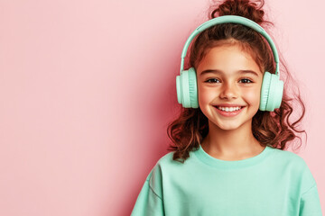 Portrait of a joyful Latin girl with headphones, soft pink backdrop, symbolizing passion for studying online or enjoying music, ideal for lifestyle and music visuals
