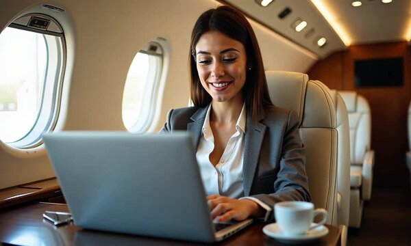 Businesswoman Working on Laptop Inside a Private Jet