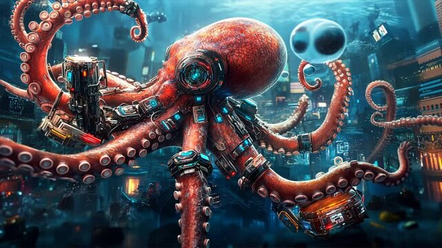 Cybernetic Octopus: An artistic depiction of a large, mechanical octopus emerging from the depths of the ocean with futuristic city in the background.