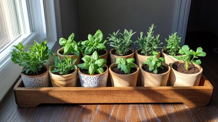 Sunlit Herbs Growing In Terracotta Pots On Wooden Tray