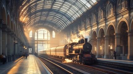 A vintage steam train departs a grand station at sunrise, bathed in golden light