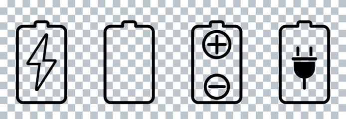 Battery Icon Set – Electric Charge, Empty Battery, Plug, Power Symbols Vector PNG

