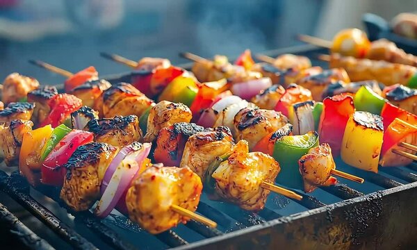 Delicious chicken skewers grilling on barbecue with smoke