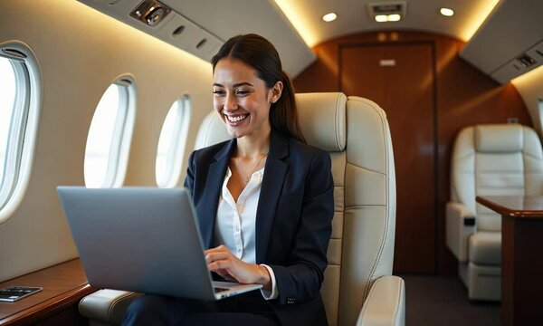 Businesswoman Working on Laptop Inside a Private Jet