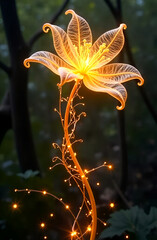 Obraz premium A subtle, transparent silhouette outline of mystical flowers reminiscent of a passion flower vine, drawn with smoke and thin strands of energy glowing with a golden light