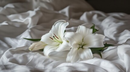 Obraz premium Fresh White Lilies on Soft Bed Sheets in Natural Light Setting