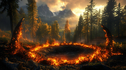 Magical forest circle of fire at sunset