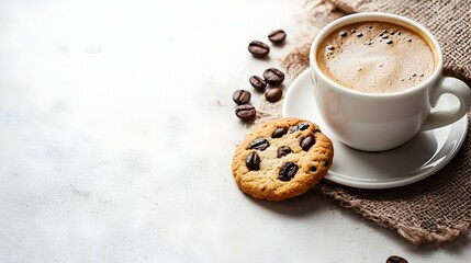 Breakfast coffee and cookie on a white