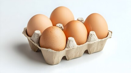 Cardboard egg box with chicken eggs on white