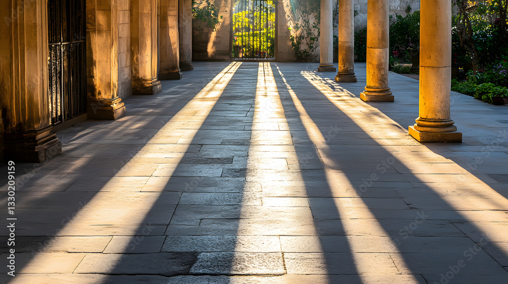 Poster elegant walkway featuring majestic columns and a timeless clock surrounded by shadows in a stunning 