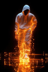Futuristic man in illuminating hoodie walking with glowing sparks in darkness