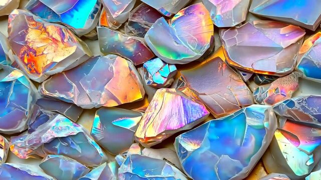 Colorful opal stones displaying vibrant iridescent patterns and textures. The stones are arranged closely together, showcasing their unique shapes and colors mineral pattern texture macro background.