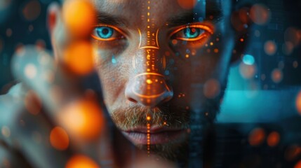 Cyberpunk Man: Futuristic Portrait of a Man Interacting with Digital Interface