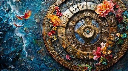 Obraz premium fantasy clock, steampunk, antique timepiece, ornate, vintage, intricate design, brass, gold, floral decorations, blooming flowers, mysterious, mystical, artistic, surreal, dreamlike, ethereal, floatin