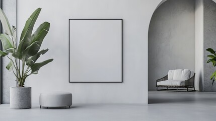 white picture frame on the wall in a minimalistic interior design, with a white bench and a green plant nearby, against a light gray background