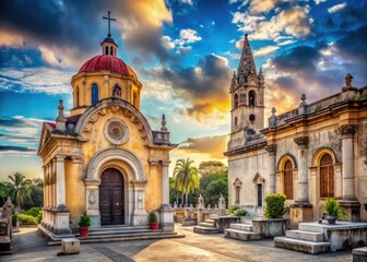 Obraz premium Havana Colon Cemetery Church Photography: Historic Cuban Architecture, Necropolis, Mausoleum, Crypt, Tombstones, Old Havana, Colonial Architecture, Caribbean, Cuba Travel, Cemetery, Funera