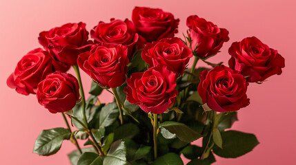 Bouquet of red roses is arranged in a vase on a pink background