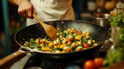 Colorful Vegetable Stir-Fry in Wok, A person cooking a colorful vegetable stir-fry in a wok using wooden utensils