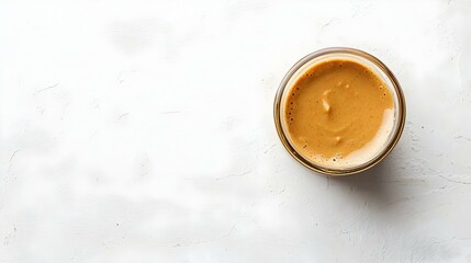 Glass jar with peanut butter on white