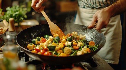 Colorful Vegetable Stir-Fry in Wok, A person cooking a colorful vegetable stir-fry in a wok using wooden utensils