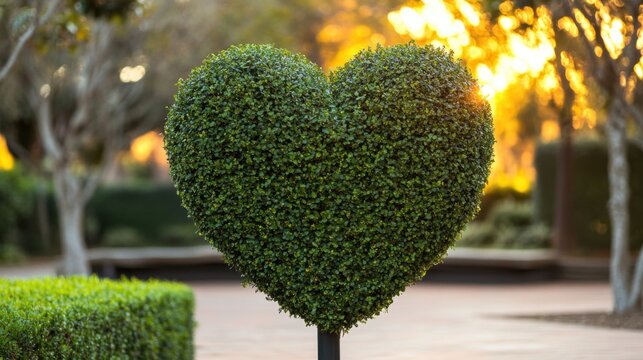 Heart-Shaped Hedge in a Park with Warm Sunset Background
