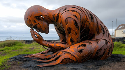 Metal sculpture of a kneeling figure