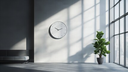 A sleek grey wall clock on the white wall of an apartment, featuring a modern and minimalistic design.