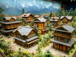 Obraz premium Miniature village model, mountainous backdrop