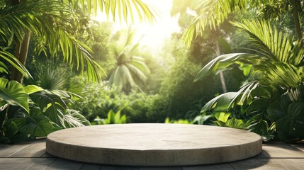 Tropical Product Display Platform with Lush Greenery and Sunlight Backdrop