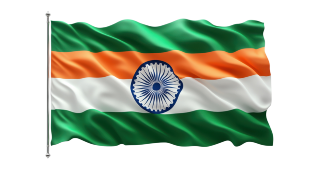 Indian national flag waving proudly in a clear blue sky on a sunny day