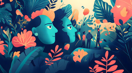 Fototapeta premium A man standing in a lush jungle surrounded by colorful flowers creating an enchanting scene with visionary motifs against a minimalist background.