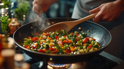 Cooking a Colorful Chicken Stir-Fry in a Wok, A person cooking a colorful stir-fry with chicken and vegetables in a wok