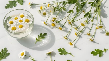 High-Angle Flat Lay of Feverfew Flowers with Glass Reflection on White Background - Copy Space
