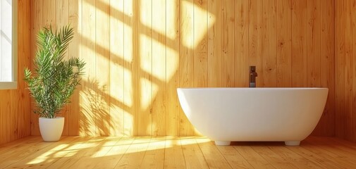 Minimalist bathroom interior with a Japanese soaking tub, floor-to-ceiling wooden paneling, and soft natural light filtering through frosted windows