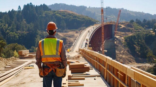 Civil Engineer Overseeing Bridge Construction Project in Landscape