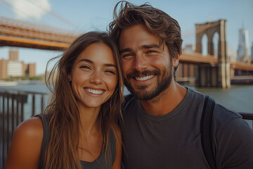 American couple smiling near steel structure on a sunny day in a vibrant urban setting
