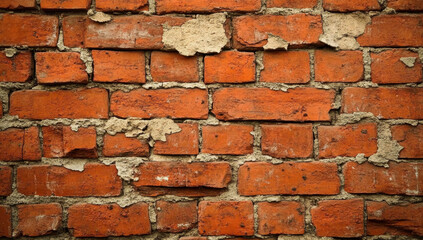Obraz premium Detailed red brick wall showcases weathered textures and uneven surfaces, ideal for backgrounds or design projects with a transparent effect