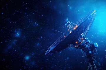 Obraz premium Sci-fi inspired satellite dish with dynamic blue light trails, visualizing real-time data transmission in deep space exploration