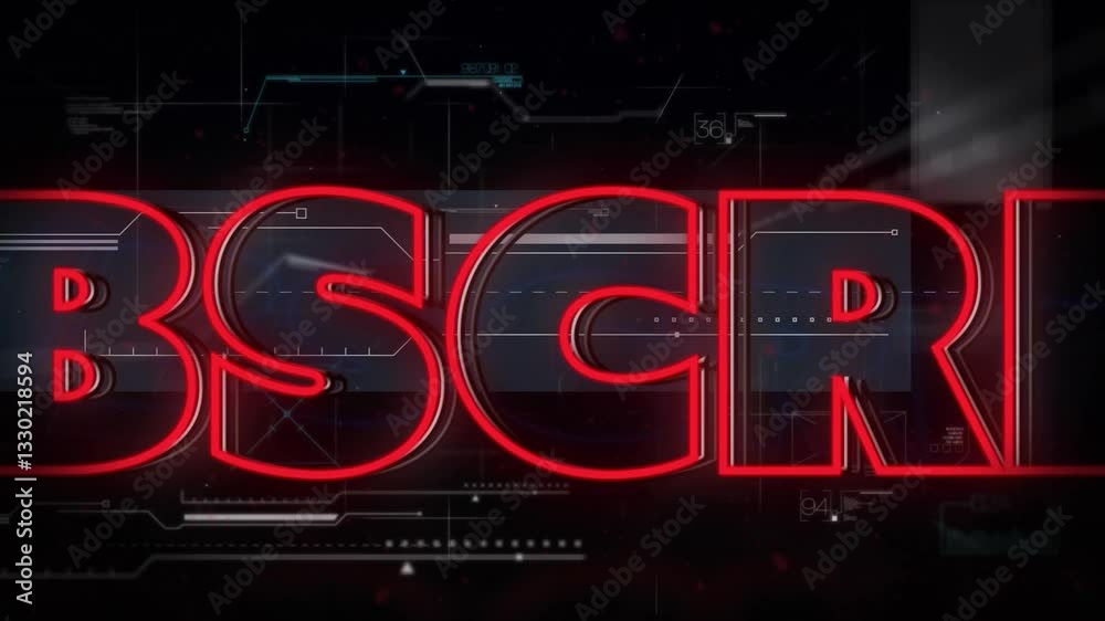 Poster bscr text glowing red over digital interface with futuristic animation design