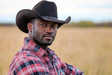Fototapeta premium Mature black american cowboy poses confidently in the open field during golden hour light